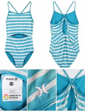 Hurley Girls One Piece Swimsuit Size 14/16 Blue White Stripe UPF 50 Cutout.